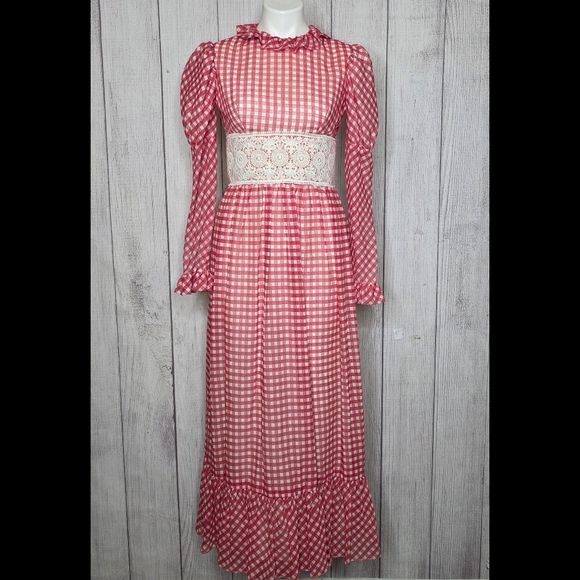 Vintage 70s Red & White Gingham Crochet Waist Prairie Maxi Dress, sz Small - Picture 2 of 6